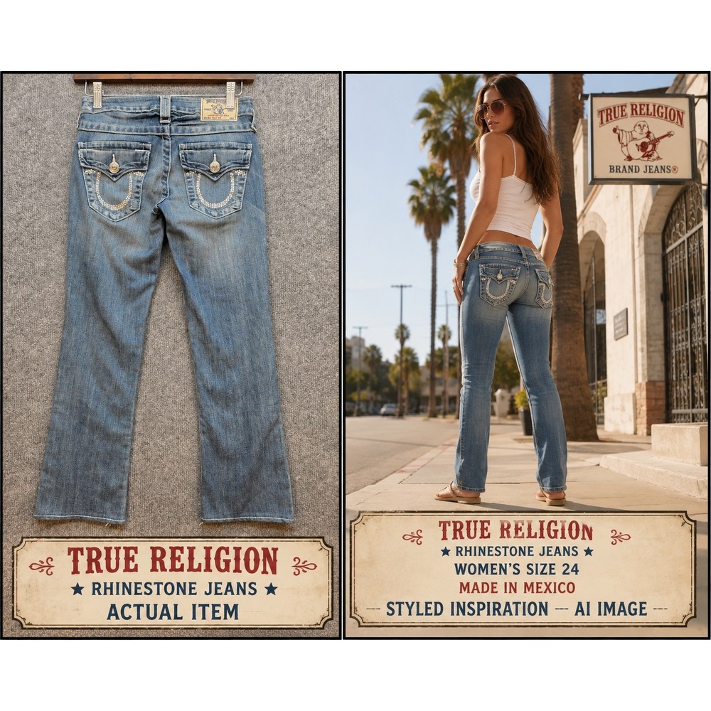 True Religion Rhinestone Bootcut Jeans Womens Low Rise Blue 24 Y2K Excellent Y2K